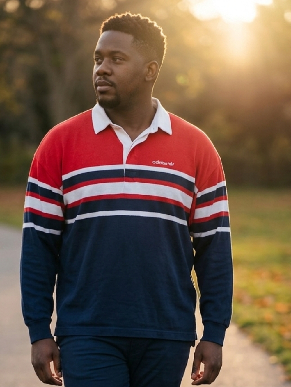 adidas Men’s Red & Navy Striped Rugby Shirt
